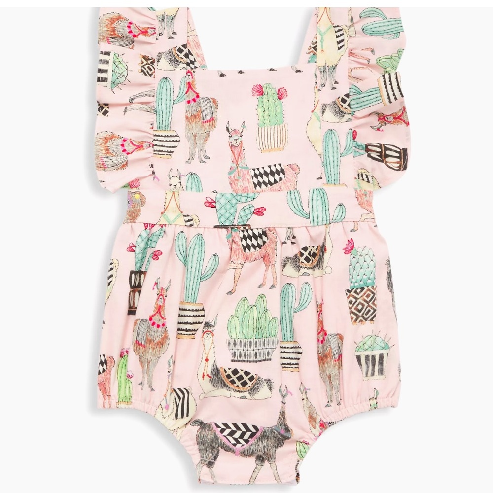 Worthy Threads Baby Girl's Llama/Cactus Print Light Pink Bubble Romper 1.5-2Y